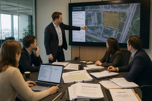 Совещание девелоперов по земельному участку под жилой проект в Санкт-Петербурге на фоне карты и документов сделки