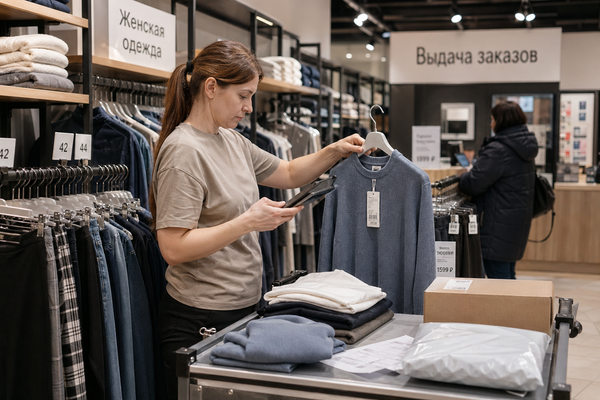 Сотрудник компактного магазина одежды собирает онлайн-заказ у стойки выдачи, проверяя товар на терминале