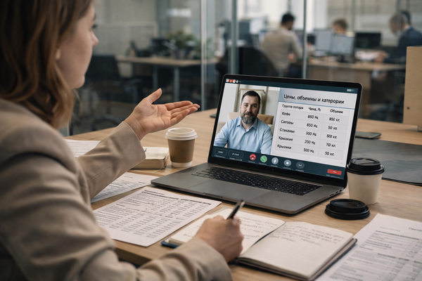 менеджер по закупкам кофейной сети ведет переговоры с поставщиком через видеосвязь, таблица цен и категорий на экране ноутбука, офис