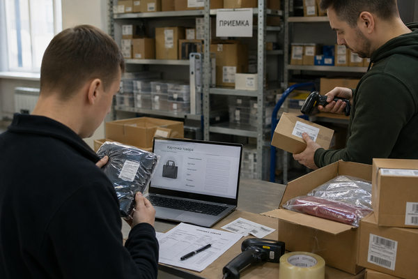 Сотрудники склада сверяют товар, карточку и документы перед размещением на маркетплейсе