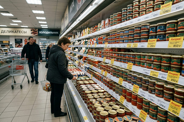 полка с красной икрой в супермаркете, покупатель выбирает товар, ценники в рублях, снижение цен на икру