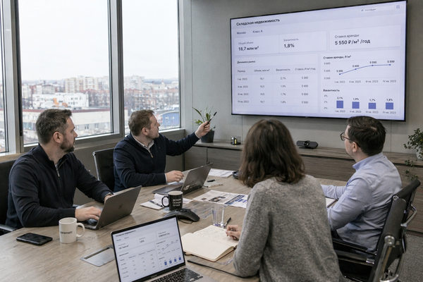 аналитика рынка light industrial Москва на экране в офисе, обсуждение вакантности складов и ставок аренды