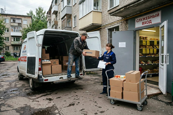 Разгрузка товара у магазина у дома в Москве, поставка коробок и логистика ритейла последней мили