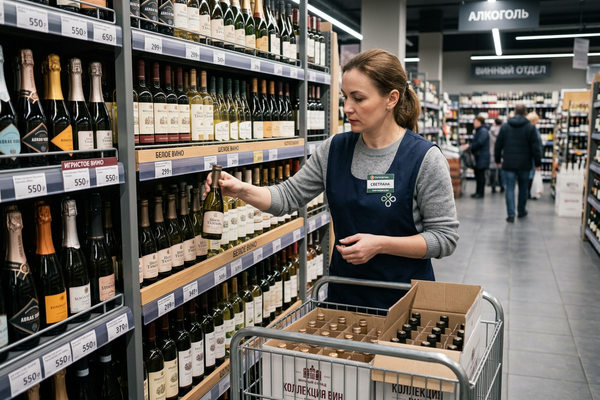 Сотрудник магазина переставляет малые бутылки вина на полке, увеличивая долю тихих вин и сокращая игристое, винный ритейл