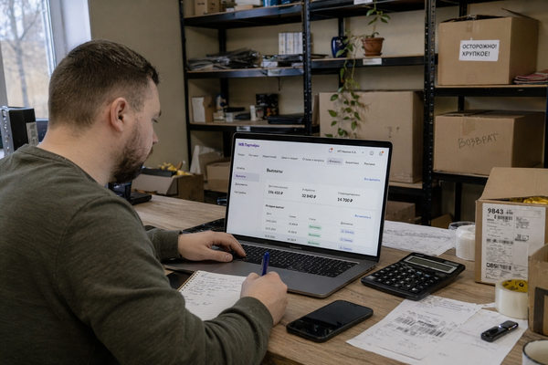 Селлер работает с кабинетом маркетплейса на ноутбуке, проверяет выплаты и заказы в офисе с товаром и коробками