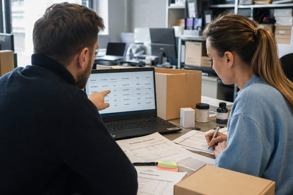 Операционные менеджеры e-commerce анализируют заказы, остатки и комиссии маркетплейса в офисе