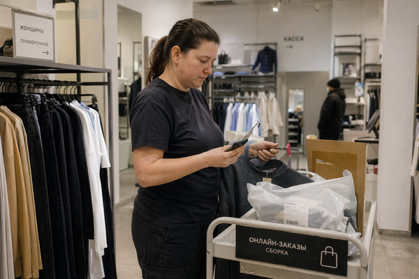 Сотрудник магазина одежды в России собирает онлайн-заказ в торговом зале, иллюстрация к статье о том, как маркетплейсы и e-commerce забирают спрос у офлайн-ритейла