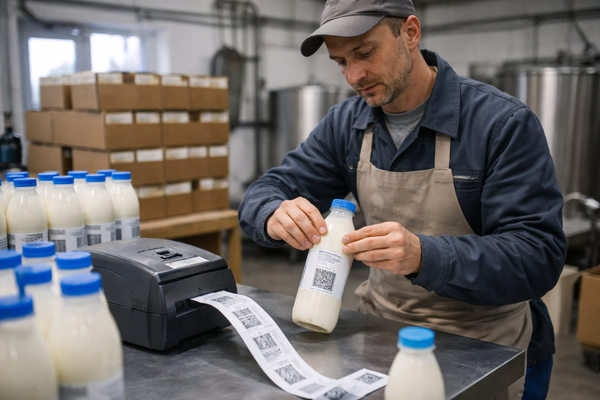 фермер наносит маркировку на бутылки молока вручную на небольшом производстве молочной продукции