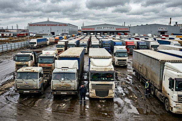 Стоянка грузовиков на логистическом терминале в России, изношенный автопарк международных перевозчиков, риск дефицита мощностей