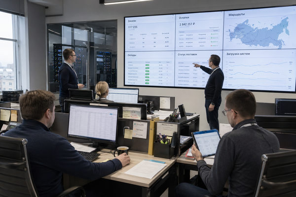 Операционный центр цифровой логистики с дашбордами заказов, маршрутов, складов и загрузки систем
