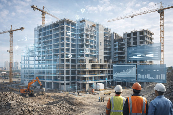 строительная площадка с цифровой BIM-моделью и визуализацией данных поверх здания