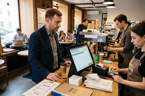 Управляющий кафе у кассы в российском общепите проверяет продажи на фоне работы персонала — НДС для общепита, давление на цены и маржу