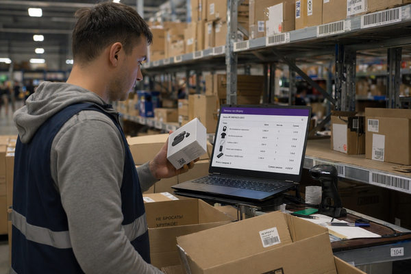 Сотрудник склада маркетплейса проверяет импортные товары и цены в системе, влияние НДС на ассортимент и цены