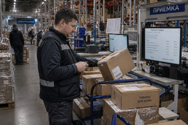 Приемка импортных товаров на складе маркетплейса в России: сотрудник сканирует коробки в зоне приемки, тема НДС на импортные товары и трансграничная торговля