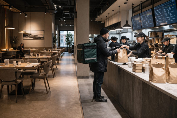 курьер забирает заказ в ресторане, зона выдачи доставки и пустой зал общепита, кризис ресторанного бизнеса