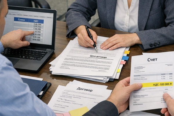 Юрист и финансовый директор разбирают договор и счет с НДС в офисе компании