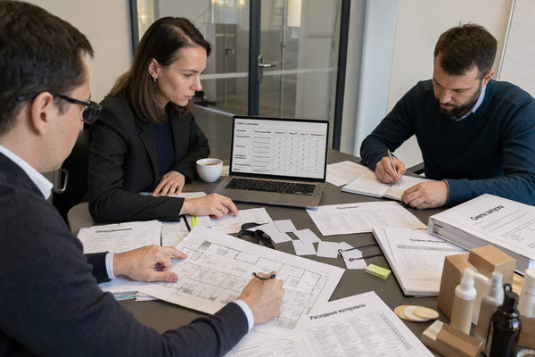 Совещание по запуску гостиницы: команда сверяет смету, план этажа, оборудование и график обучения персонала