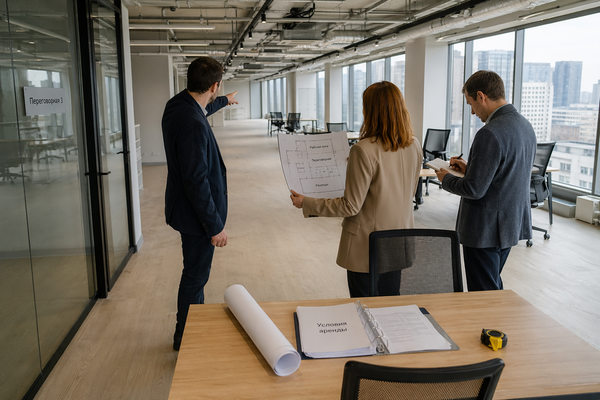 Осмотр свободного офисного блока в московском бизнес-центре представителями арендатора и брокером по офисной недвижимости