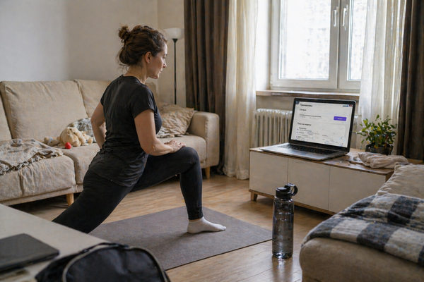 Онлайн-фитнес в России: женщина занимается дома по фитнес-приложению, иллюстрация к статье о подписной выручке и удержании пользователей