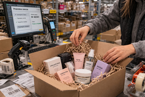 упаковка заказа косметики на складе маркетплейса, онлайн продажи косметики, сборка заказов бьюти товаров