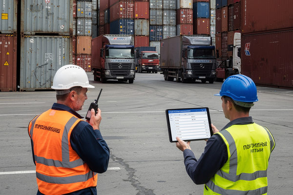 Перегруженный контейнерный терминал с логистами и грузовиками, рост нагрузки на морскую логистику и контейнерные перевозки