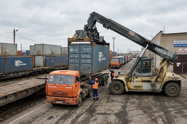 Перегрузка контейнера с железнодорожной платформы на грузовик в логистическом терминале, сухопутные маршруты и логистика Ормузский пролив