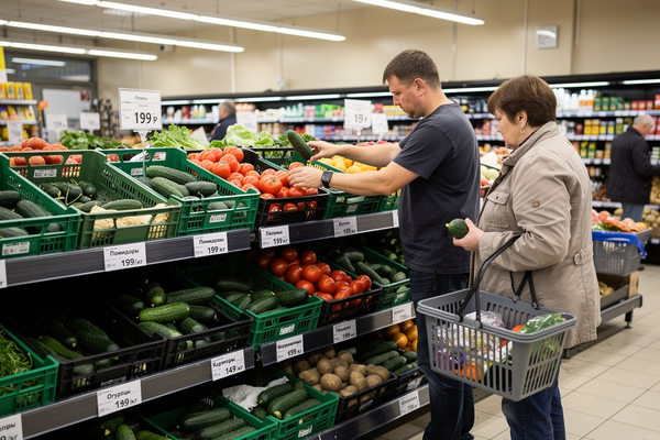 покупатель и сотрудник в овощном отделе супермаркета, сравнение цен на томаты и огурцы в рознице