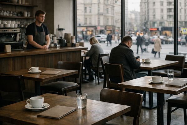 пустое кафе с посетителями за столами падение трафика общепит кофейня низкая загрузка зал