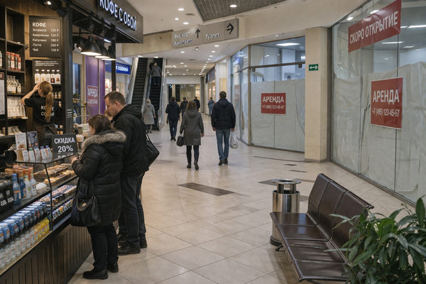 падение трафика в торговом центре, пустые магазины и аренда, покупатели у кофейного киоска в ТЦ
