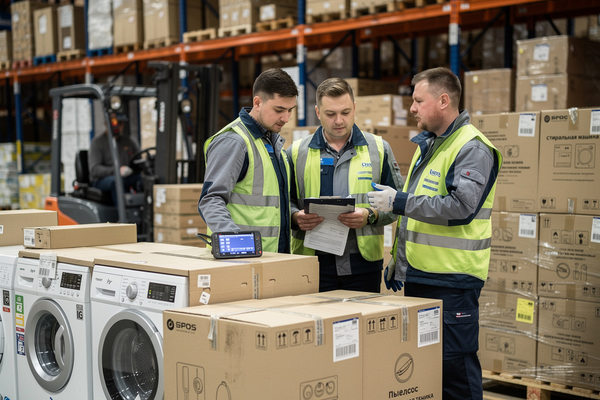 приемка бытовой техники на складе в России сотрудники сканируют коробки логистика поставок параллельный импорт