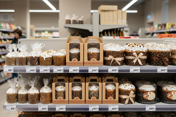 Полка супермаркета с пасхальными куличами разных размеров и цен в российской рознице перед праздником Пасхи