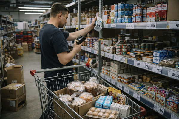 сотрудник склада собирает заказ с куличами и продуктами в дарксторе, нагрузка на логистику и цепи поставок