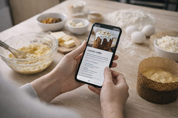 покупатель смотрит рецепт кулича на смартфоне на кухне с ингредиентами для пасхальной выпечки, изменение потребительского спроса на продукты к Пасхе