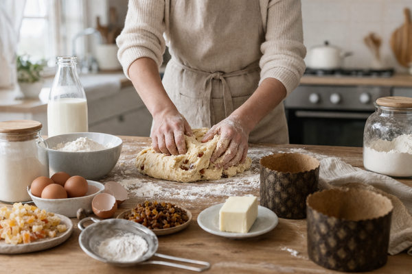приготовление кулича дома, замес теста с мукой яйцами и сухофруктами, домашняя выпечка и пасхальный спрос