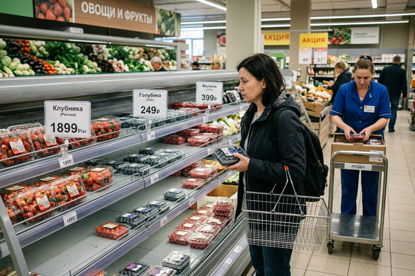покупатель выбирает ягоды в супермаркете в России высокие цены на клубнику и голубику дефицит предложения