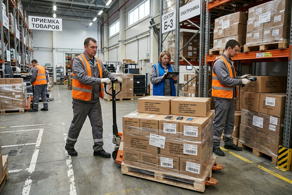 Склад ритейлера электроники в России: сотрудники перемещают и сканируют паллеты со смартфонами на фоне затоваривания складов и снижения цен на iPhone и Samsung