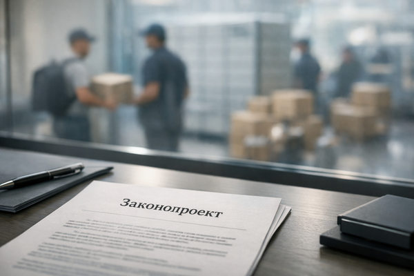 законопроект Почты России на столе и курьеры с посылками на фоне, рынок интернет-доставки и логистика