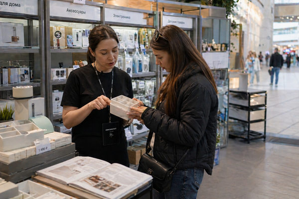 Поп-ап-магазин маркетплейса с товарами СТМ: консультант показывает покупателю продукцию в офлайн-точке торгового центра