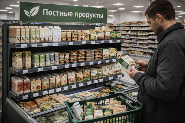 покупатель выбирает постные продукты в супермаркете, расширение ассортимента растительных товаров в ритейле