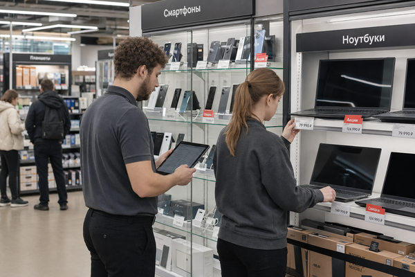 Сотрудники российского магазина электроники проверяют остатки смартфонов и ноутбуков на фоне снижения спроса на гаджеты