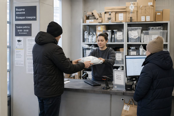 Сотрудник ПВЗ Wildberries выдает заказ клиенту в пункте выдачи с полками и посылками на заднем плане