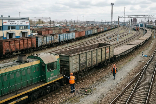 Рабочий парк вагонов на сети РЖД: грузовые вагоны на станции, часть состава в работе, часть вагонов в отстое