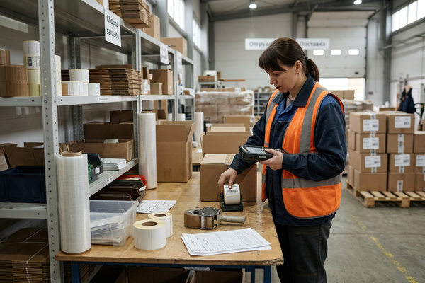 Сотрудник склада проверяет расходные материалы и остатки для упаковки заказов