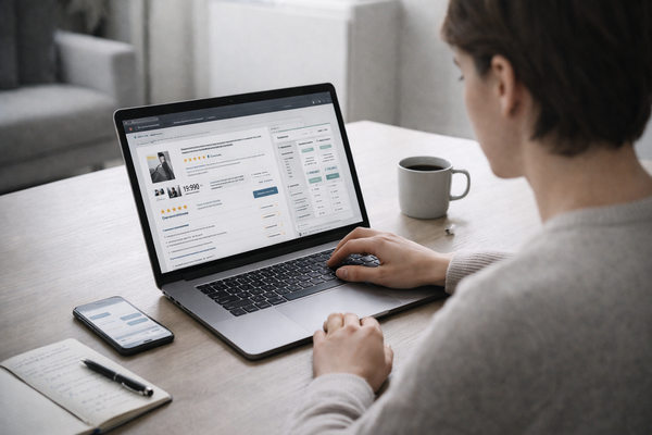 Покупатель изучает отзывы и сравнивает товары в интернет-магазине на ноутбуке