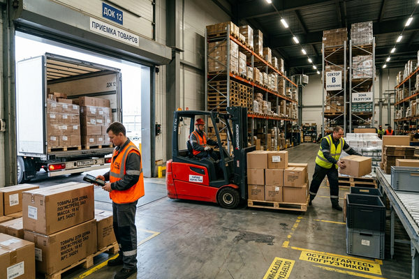 разгрузка товара на складе регионального распределительного центра в России сотрудники и погрузчик логистика склады