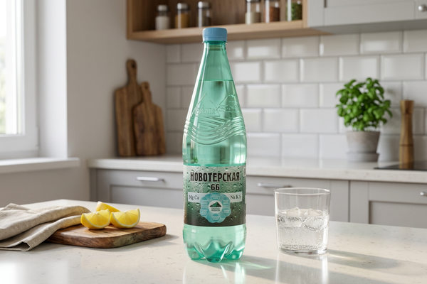 бутылка минеральной воды Новотерская на кухне, продукт FMCG, дистрибуция бутилированной воды в регионах