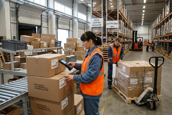 Сотрудники распределительного центра сканируют коробки и готовят заказы к отгрузке