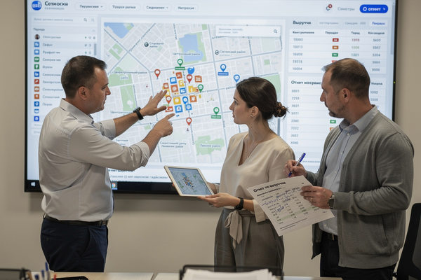 менеджеры ритейла анализируют сеть магазинов на карте и показатели торговых точек в офисе