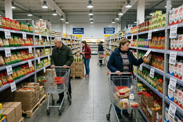 продуктовый дискаунтер в России покупатели с тележками выбирают товары на полках цены в рублях ритейл трафик и средний чек