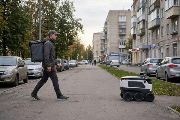 робокурьер и пеший курьер на городской улице, сравнение доставки роботами и людьми в последней миле